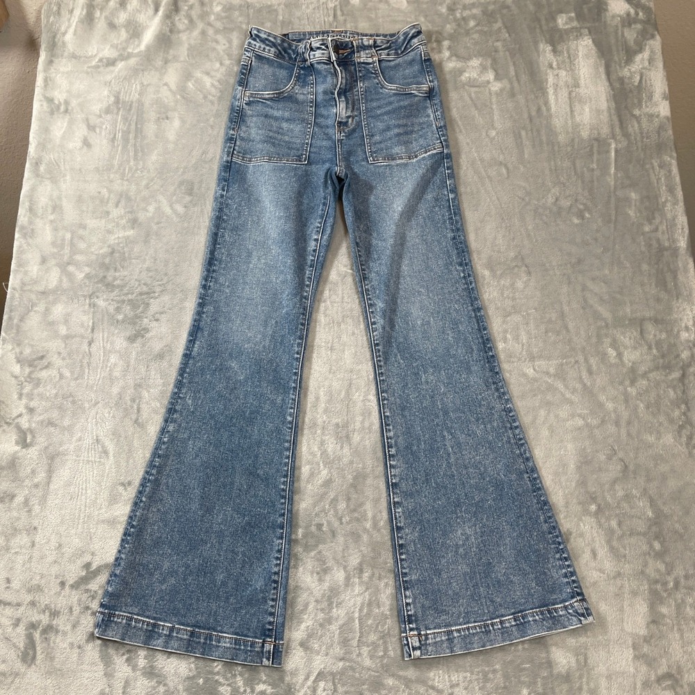 American Eagle Jeans Size 4 Reg Super Hi-Rise Flare Denim Medium Acid Wash